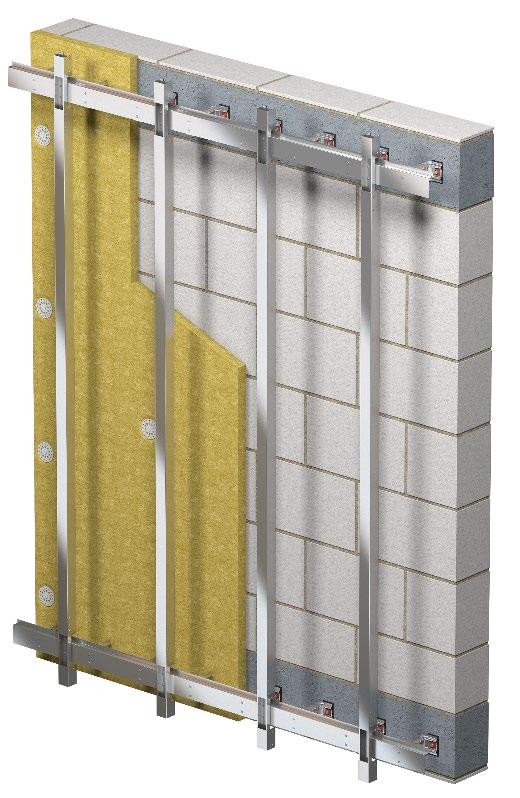 Horizontal and vertical rails, block wall with insulation
