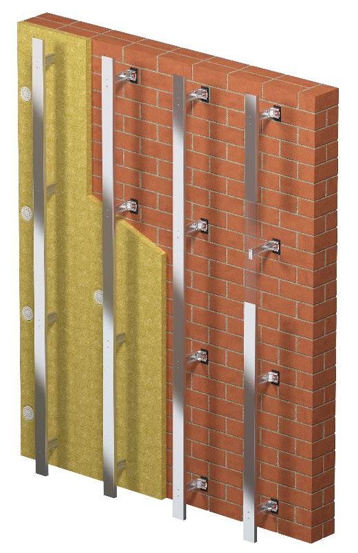 Vertical rails on brackets, brick wall with insulation