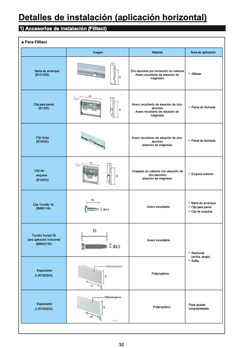 Detalles de instalación (aplicación horizontal) FILLTECT